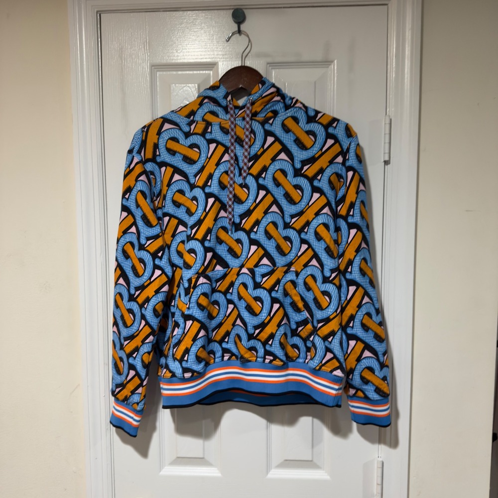 Burberry TB Monogram Print Cotton Hoodie Men's L Blue Orange Pullover